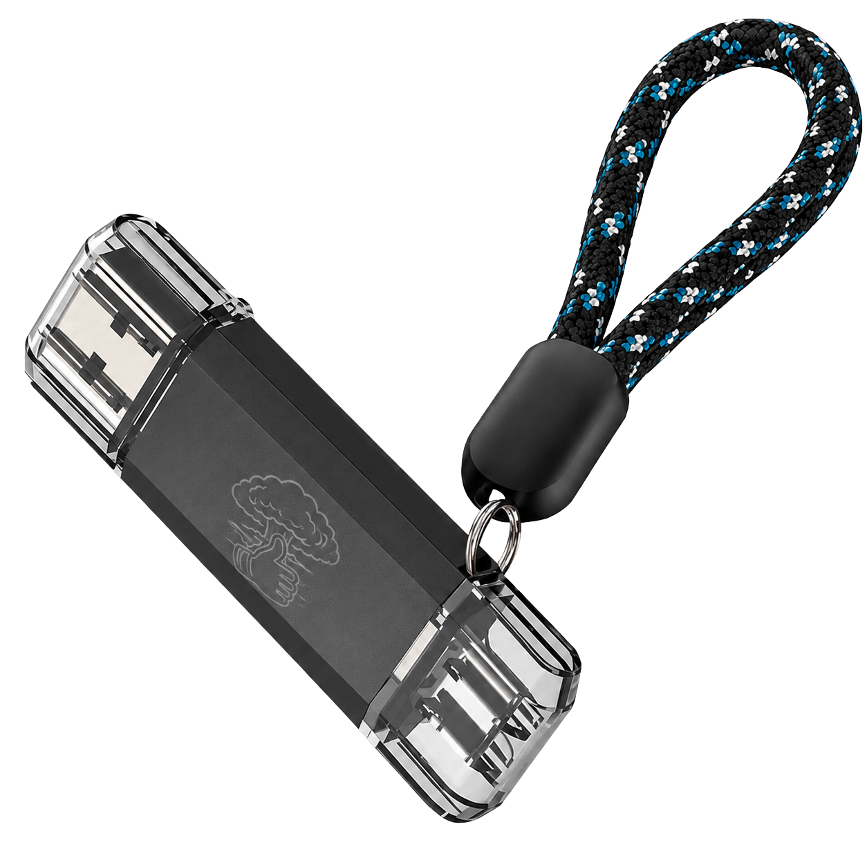 The DoomsdayStick thumb drive with USB-A and USB-C ends plus a lanyard.