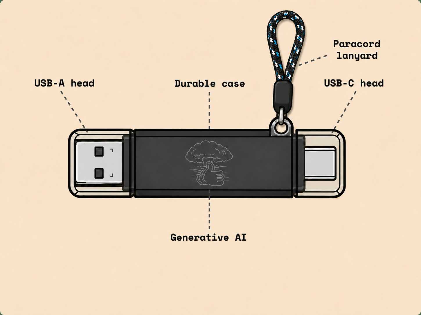Exploded diagram of the DoomsdayStick labelling its USB-A head, USB-C head, lanyard loop, rugged casing, and preloaded GEMMA4-31B-Q4 model.