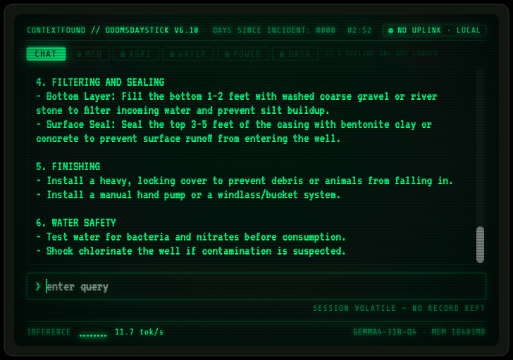 DoomsdayStick app showing an offline terminal-style chat interface with generated survival instructions.